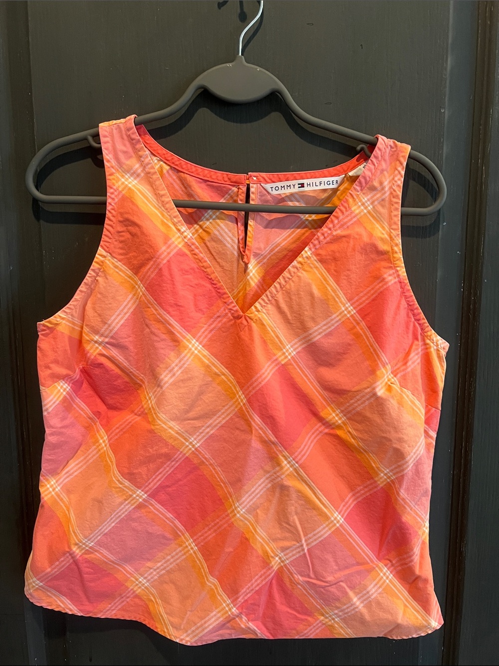 Tommy Hilfiger Pink Orange Plaid V-Neck Sleeveless Top